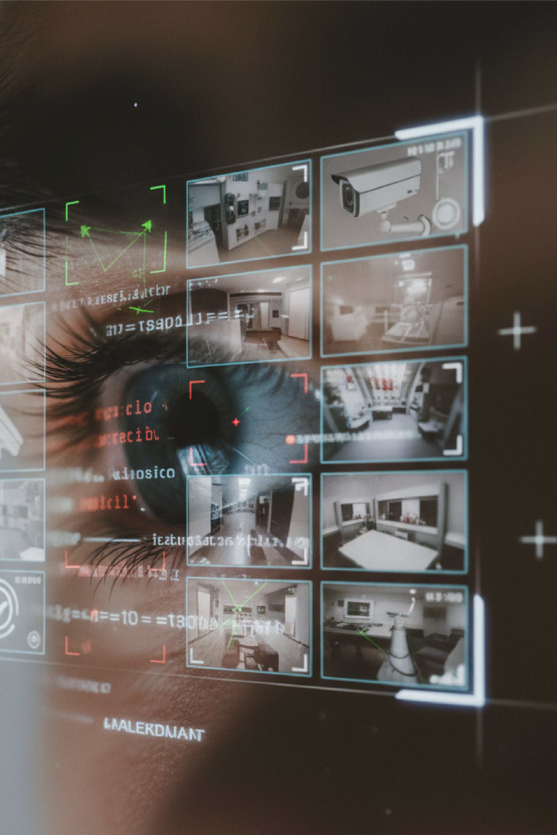 Eye looking at a grid of security camera feeds